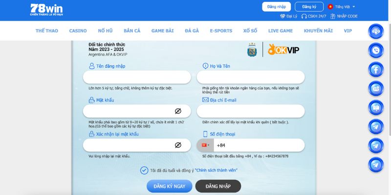 Các bước đăng ký 78win trên website